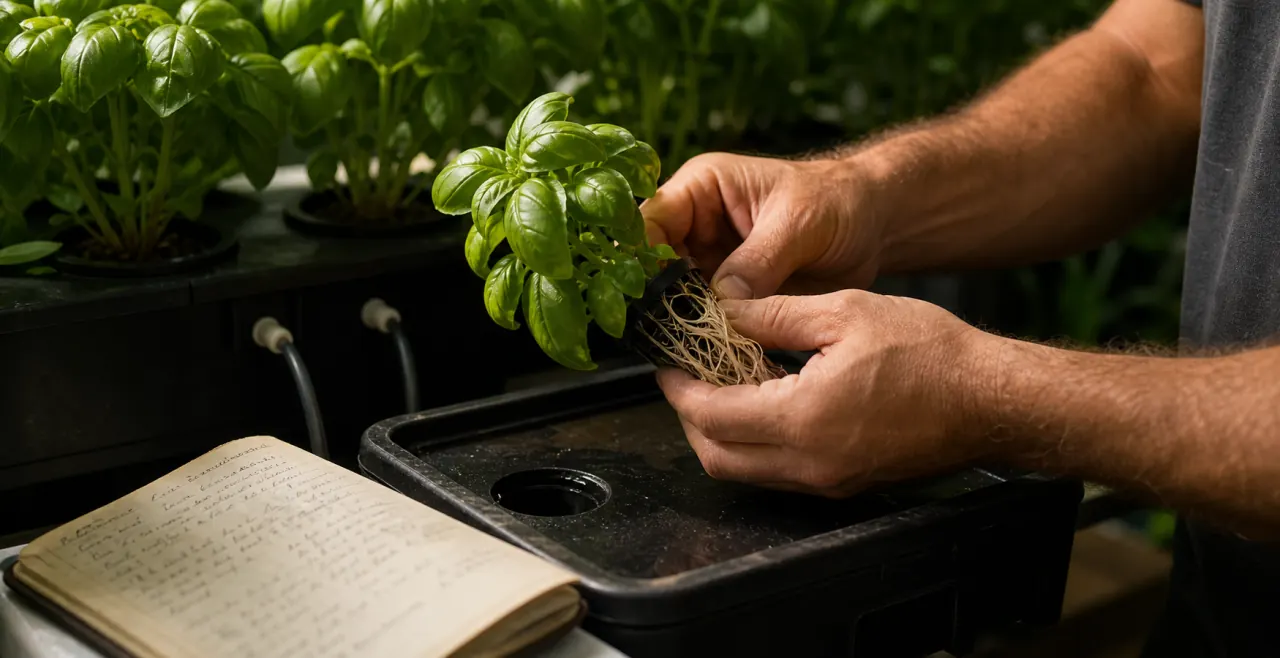Inspection attentive des racines d’un plant de basilic