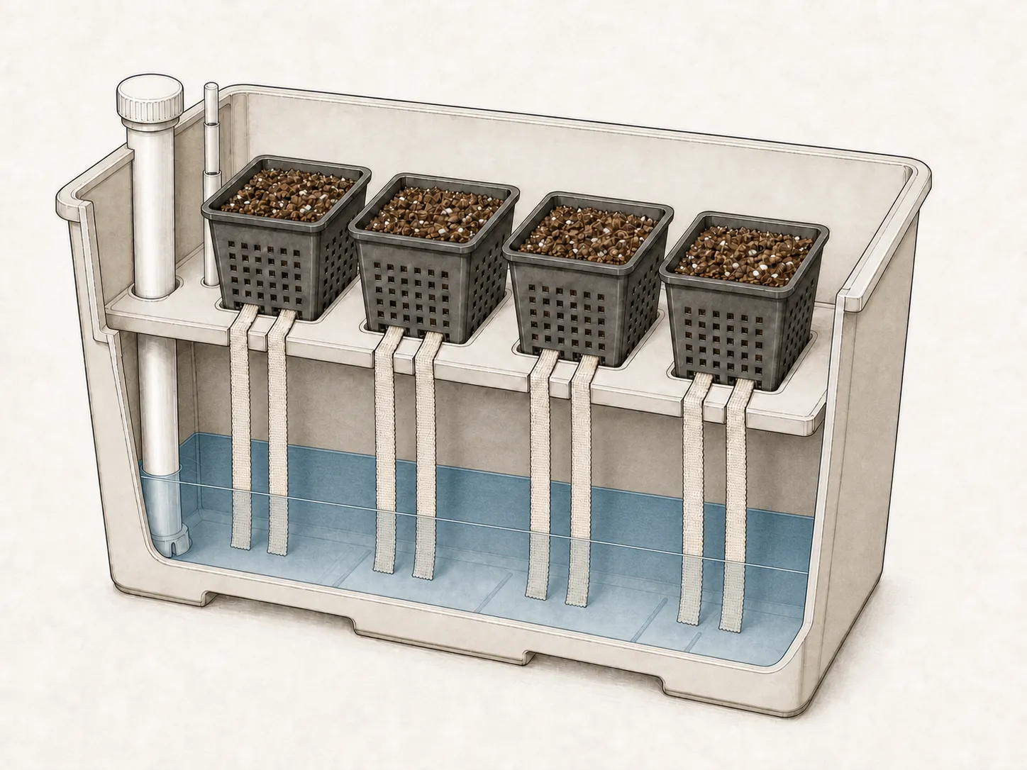 Coupe architecturale d’un réservoir capillaire avec quatre pots et huit mèches