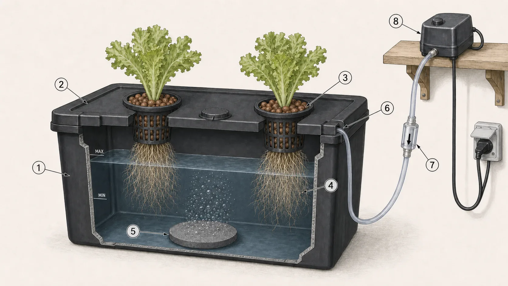 Vue en coupe numérotée d’un DWC de 40 litres avec deux paniers et une pompe à air