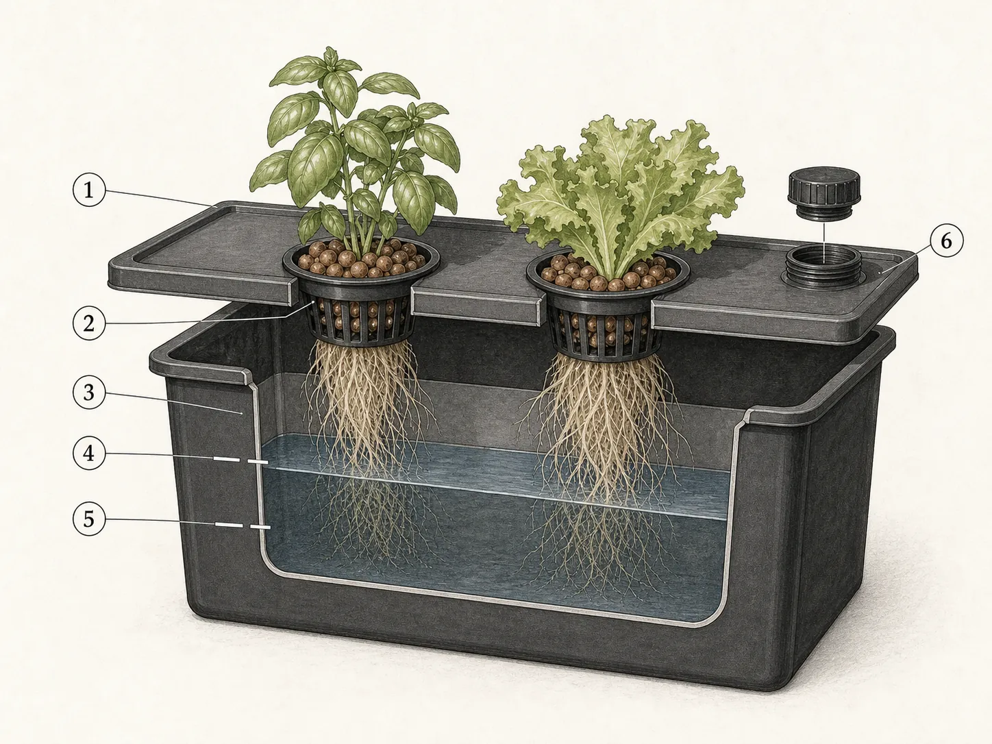 Vue en coupe numérotée d’un bac Kratky avec deux plantes et une lame d’air