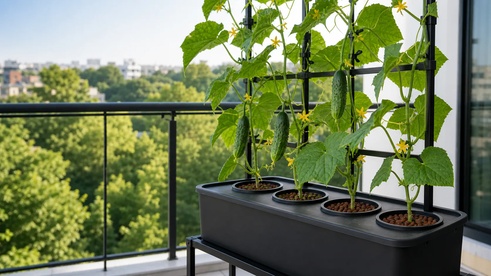 Quatre plants de concombre correctement installés dans leurs paniers hydroponiques