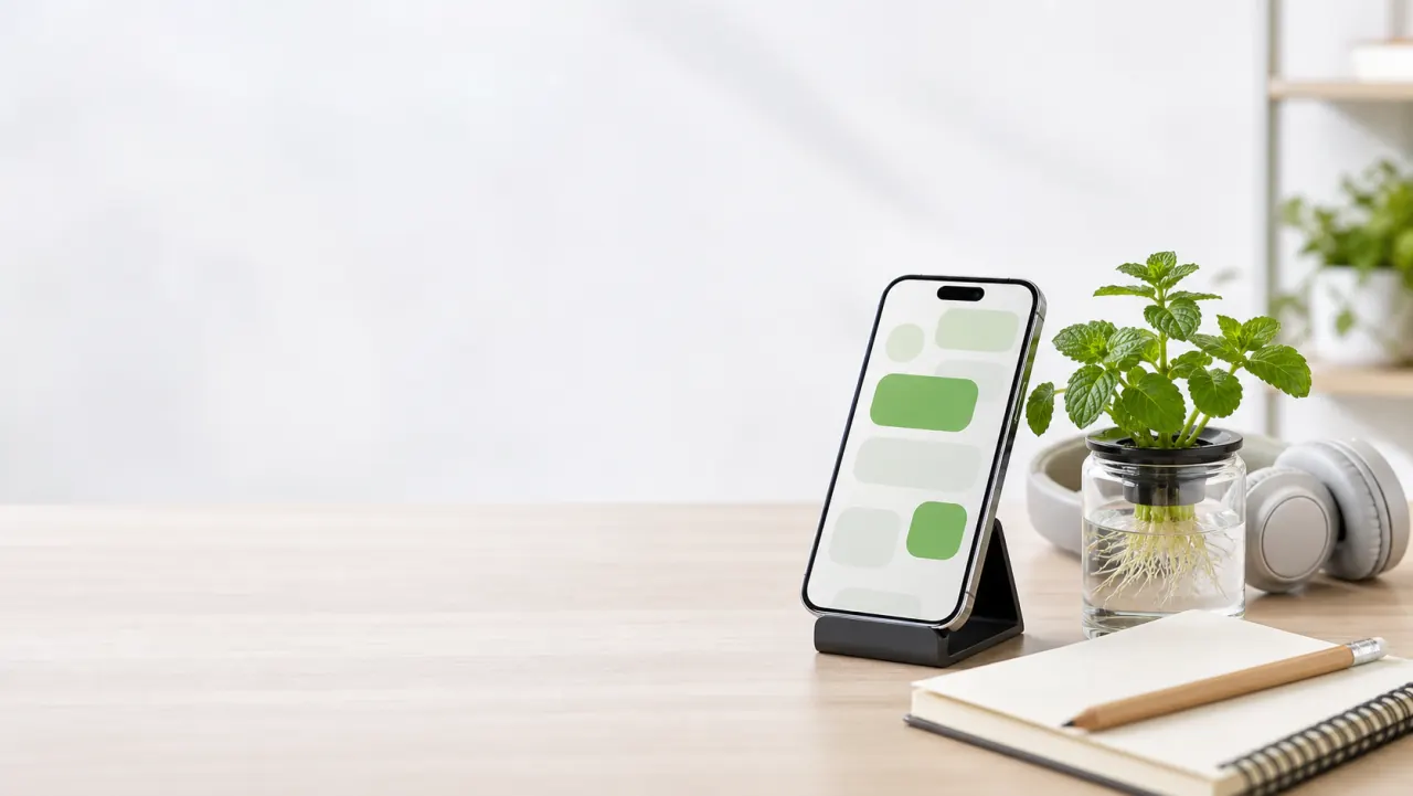 Téléphone, carnet et menthe cultivée dans l’eau