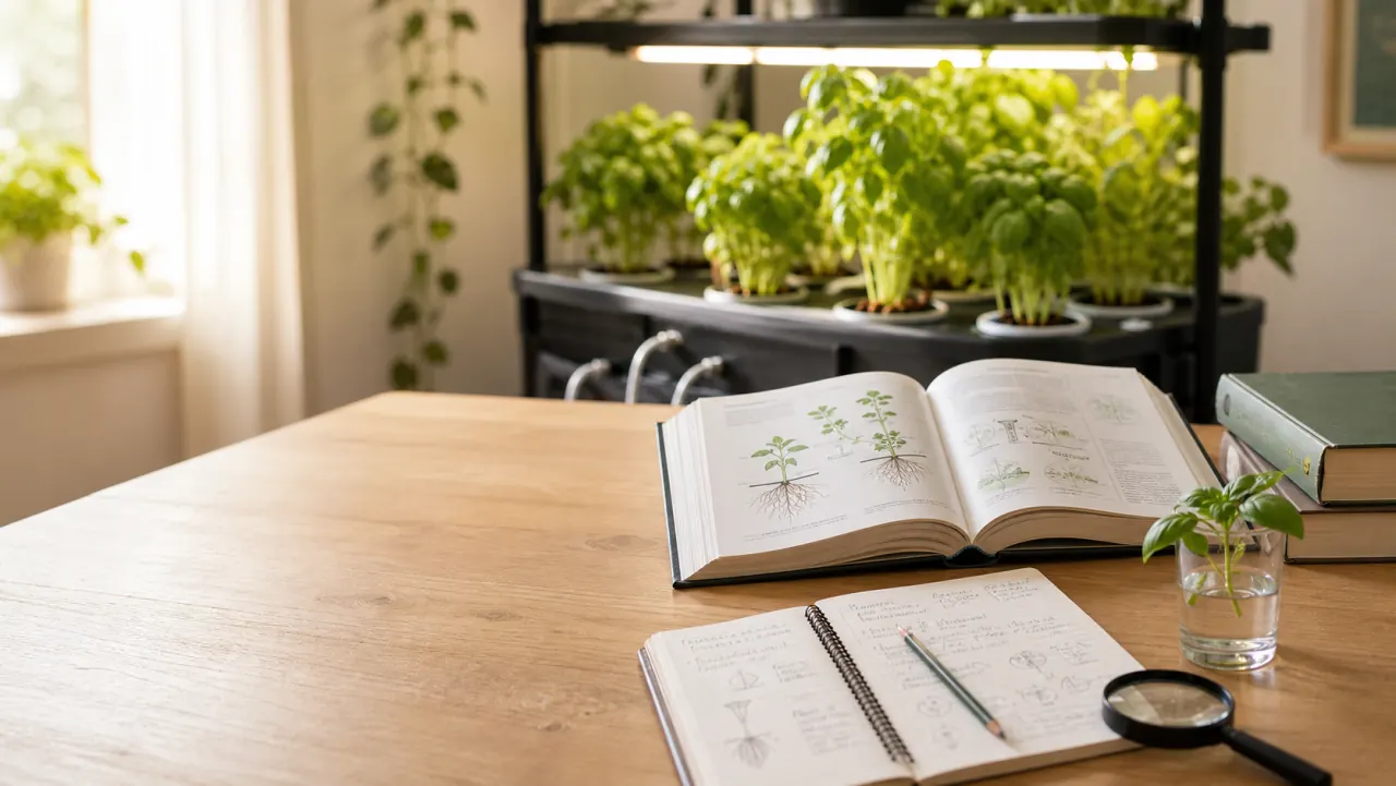 Livres et carnet d’étude devant une culture hydroponique