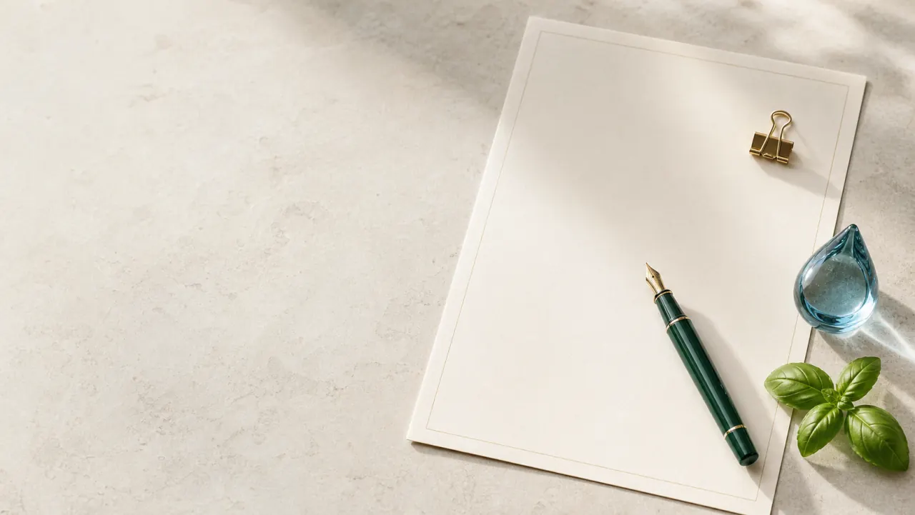 Composition éditoriale avec document, plume, eau et basilic